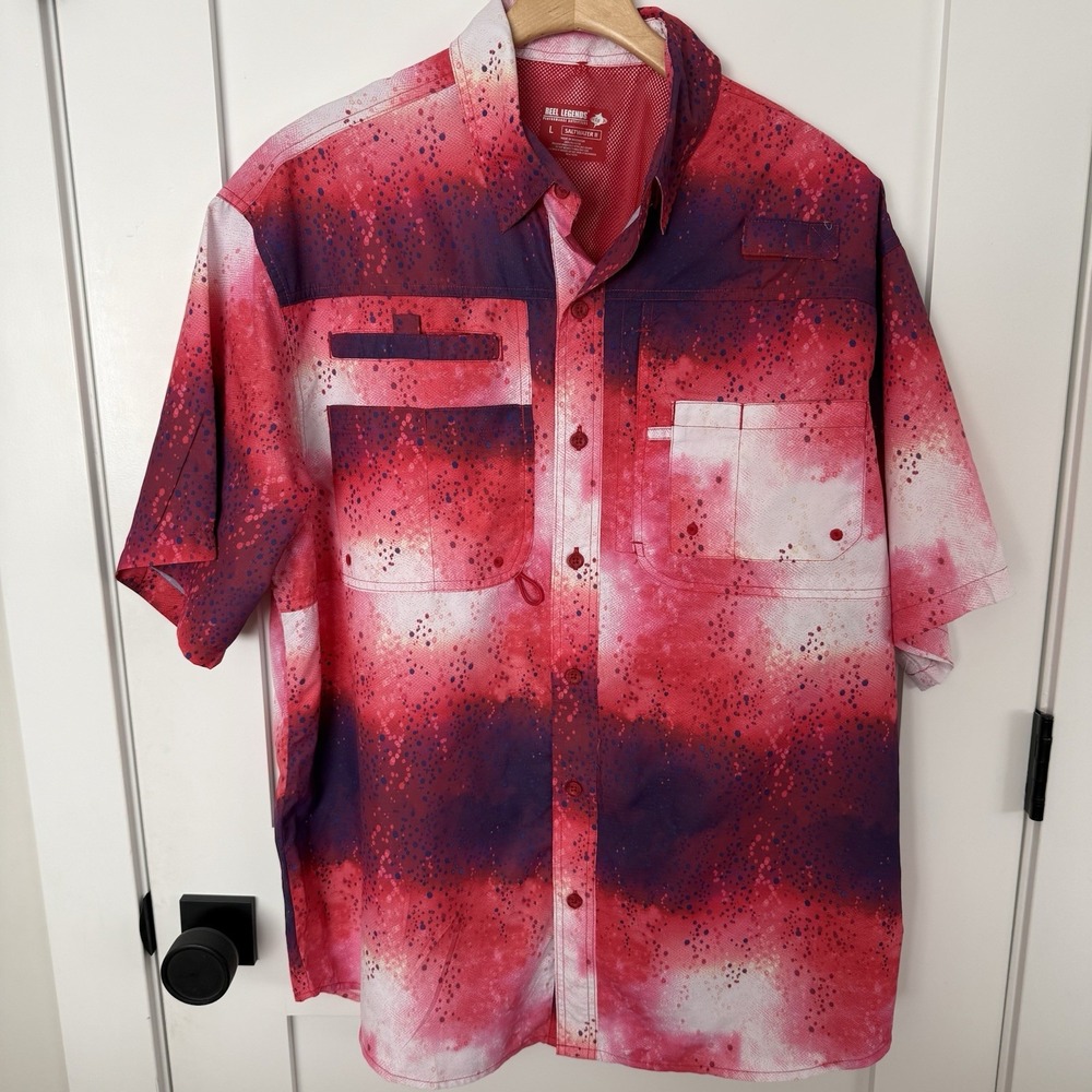 NWT Reel Legends Saltwater II Dorado Fishing Shirt Fuschia Red White Blue UPF LG